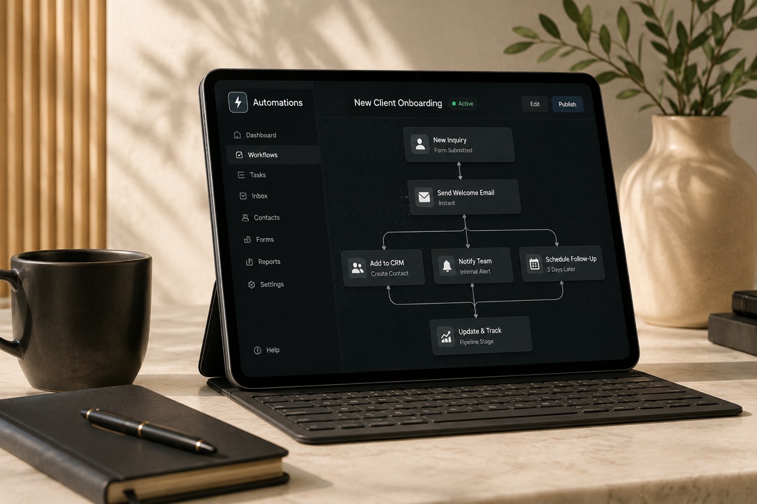 Tablet showing a client onboarding automation workflow on a stone desk