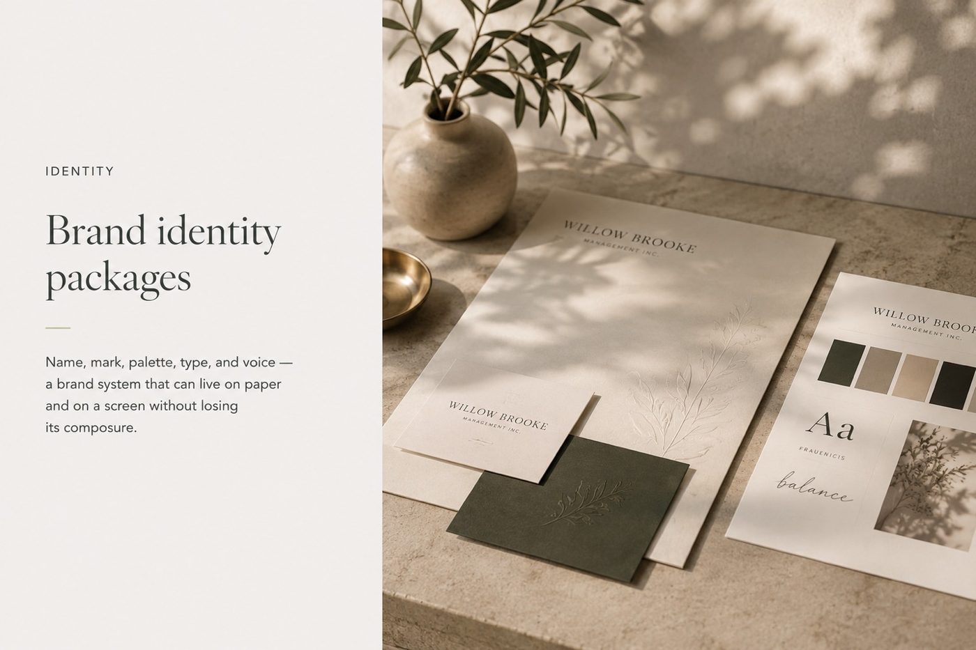 Willow Brooke brand identity package on stone: stationery, palette card, and olive branch