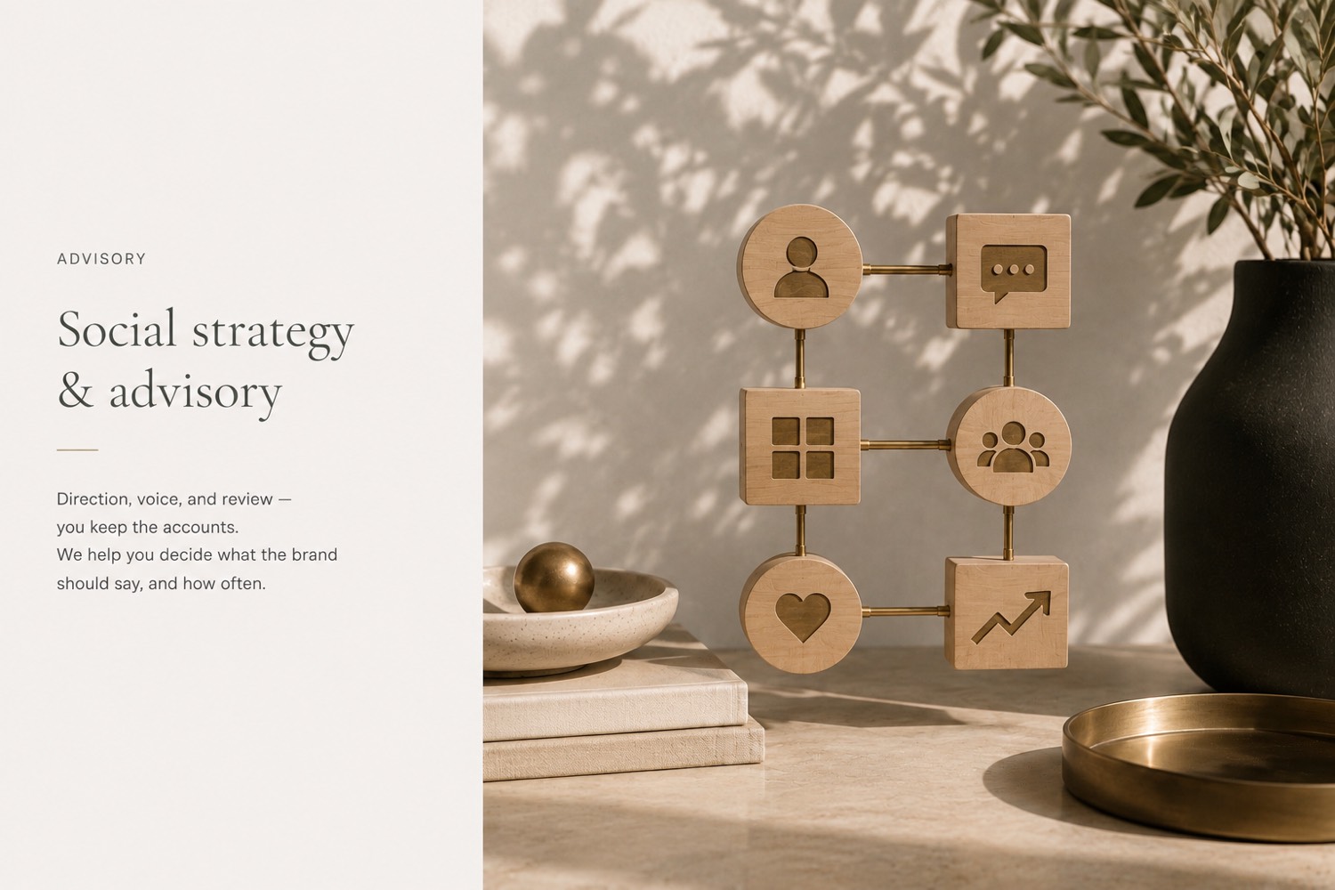 Wooden network sculpture and copy for Willow Brooke social strategy and advisory